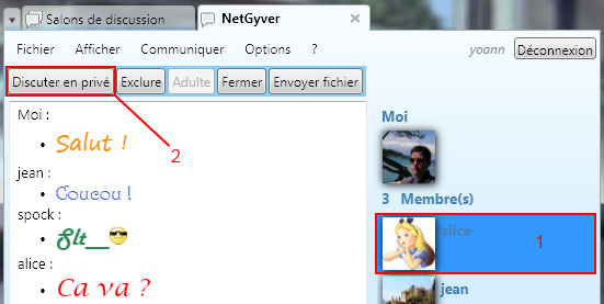 Capture écran de NetGyver Express : discuter en privé avec Alice.