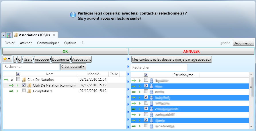 Capture écran de NetGyver Express : sélections de plusieurs contacts pour partager un dossier.